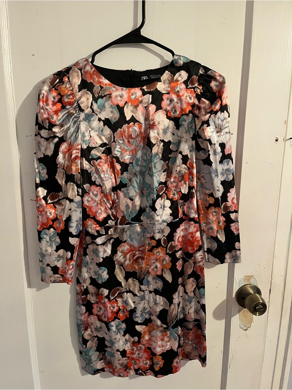 Zara Black Floral Long-Sleeve Sheath Dress with Coral and Light Blue Blooms